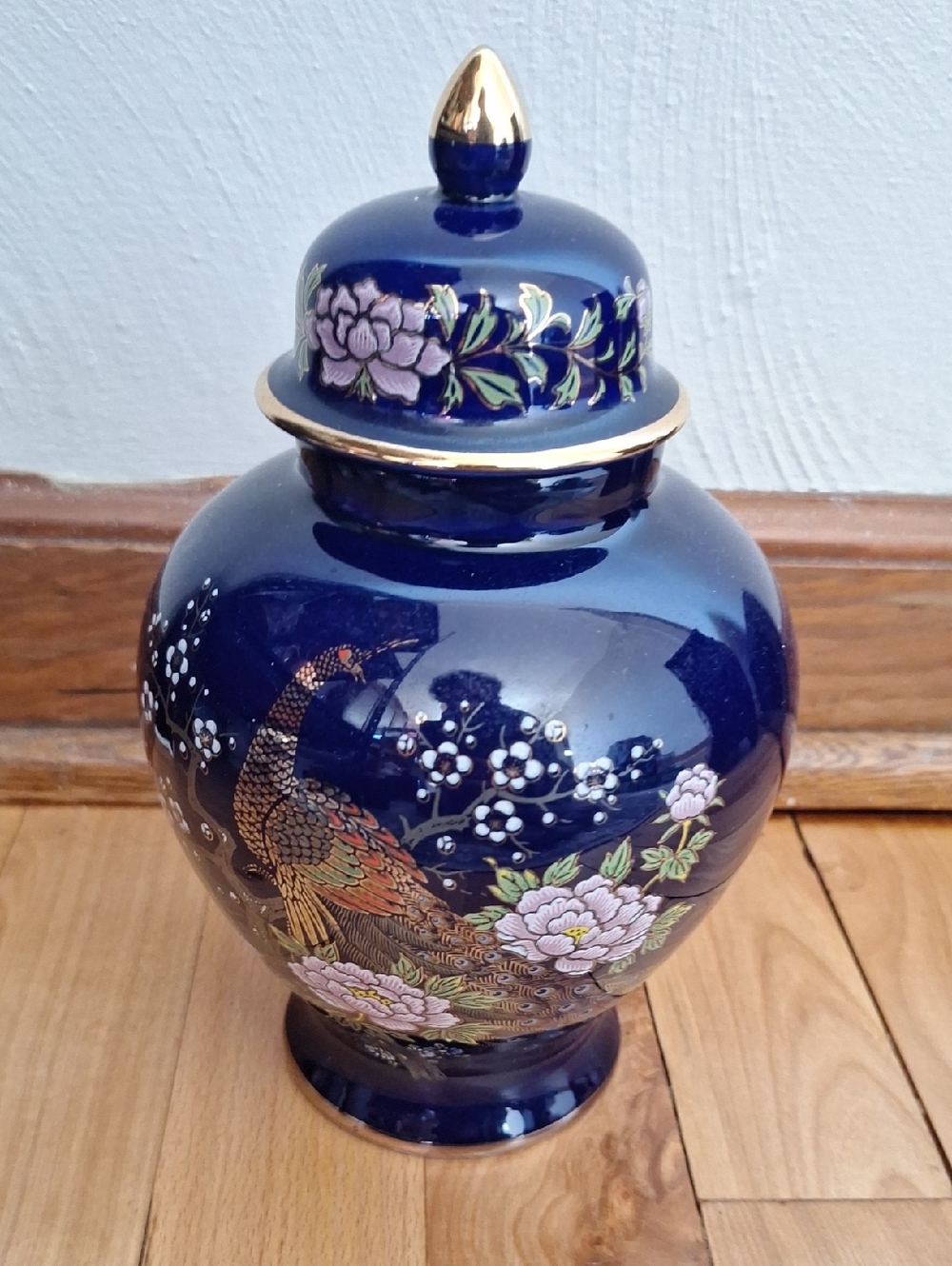 Cobalt Blue Floral & Peacock Ginger Jar with Gold Accents